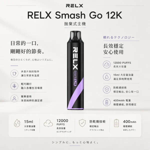 【擊喉感扎實】RELX Smash Go 拋棄式電子煙 獨家防乾燒12000口 細膩還原現貨