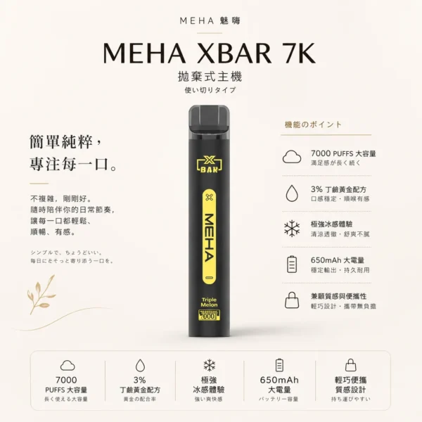 ChatGPT Image 2026年8月23日 下午07_44_04 魅嗨 MEHA XBAR 小黑條 7000口拋棄式電子煙|3%尼古丁鹽黃金配方 極強冰感細膩體驗