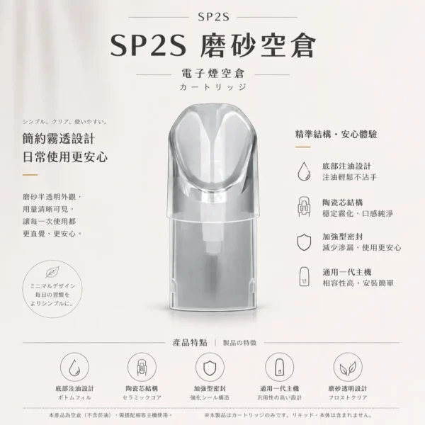 磨砂空倉 SP2S 一代通用｜半透明設計殘油一目了然 自己注油順滑不焦 細膩的純粹體驗